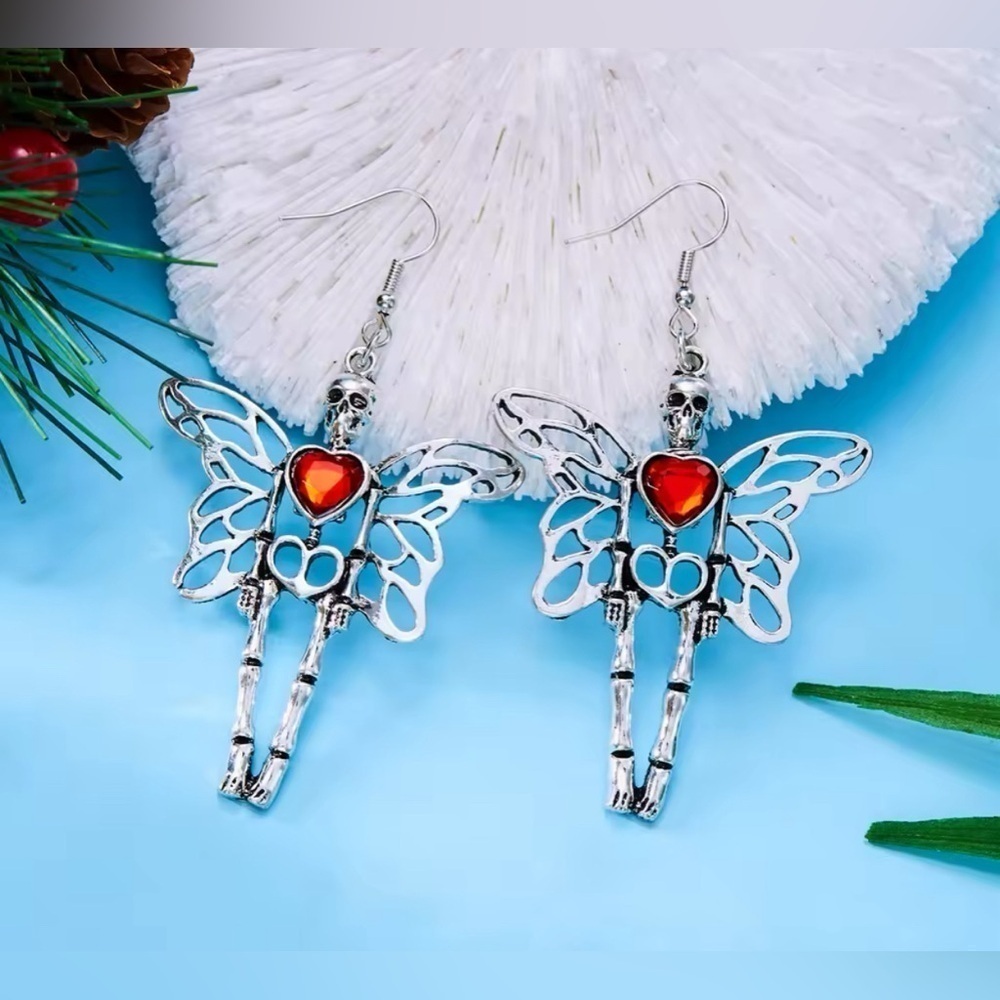 925 Sterling Silver Fairy Folk Skeleton Drop Earrings With Enameled Heart - Picture 2 of 6